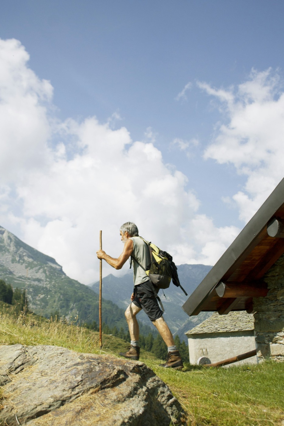 Person hiking outdoors with a walking stick, representing life after disc pain relief