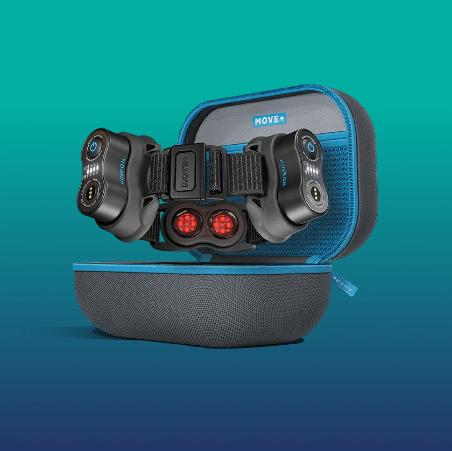 Kineon MOVE+ light therapy device floating above its open carrying case