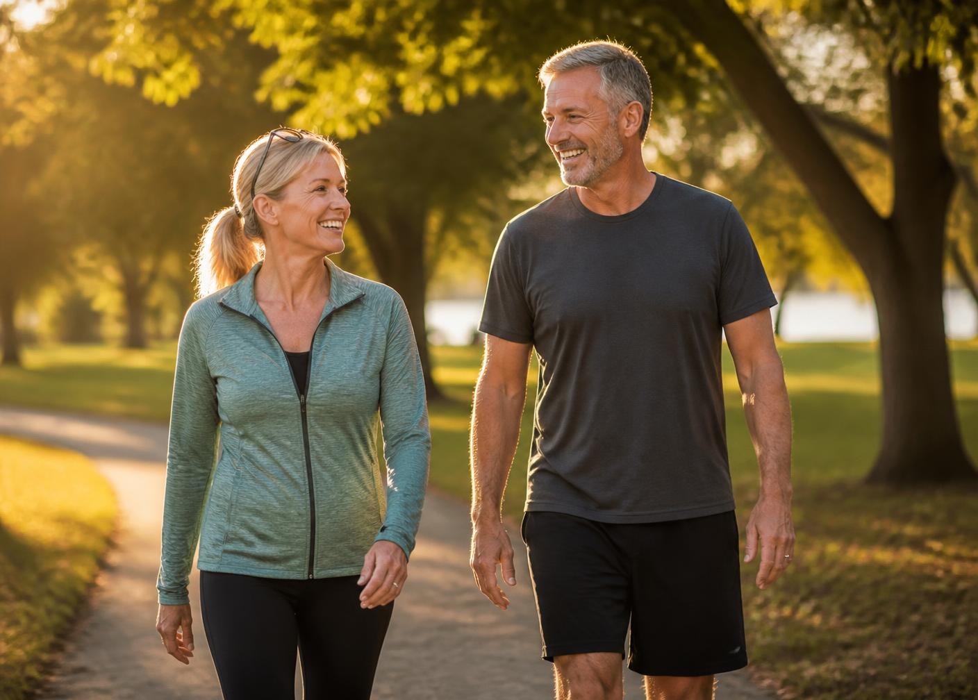 Couple walking comfortably outdoors after disc pain relief